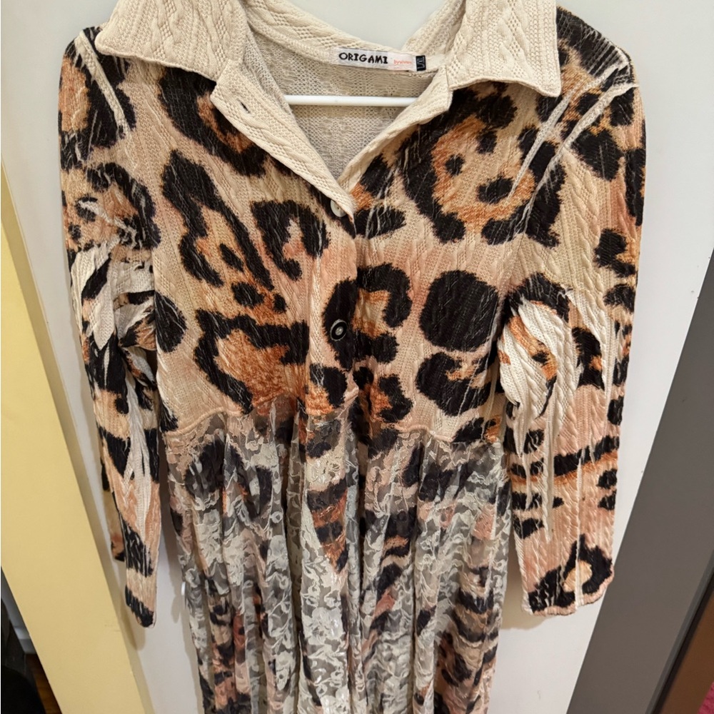 Origami Beige Leopard Print Lace Panel Dress